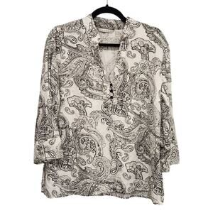 Tweeds Black & White Paisley Print Linen Blouse Womens Size XL
